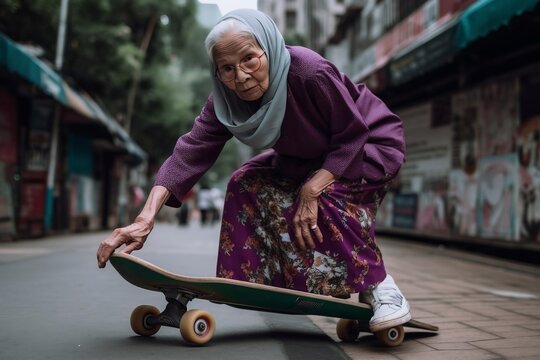 Vans Skateboard Photography Of An Old Malay Woman In Head Scarf. Generative AI