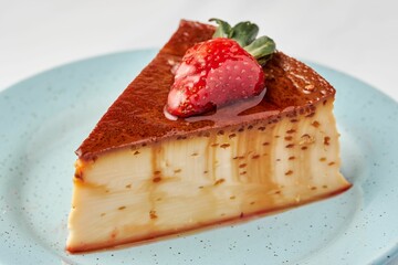 Closeup of a cheesecake with caramel cream and strawberry