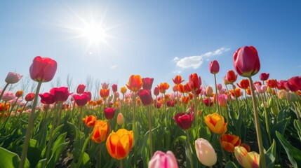 Fototapeta na wymiar Vibrant Tulip Field: A Symphony of Colors Under a Clear Blue Sky Generative AI