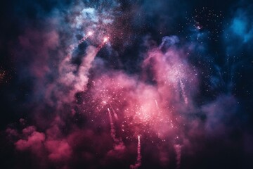 Fototapeta na wymiar blue and pink-purple fireworks in the night sky. Generative AI