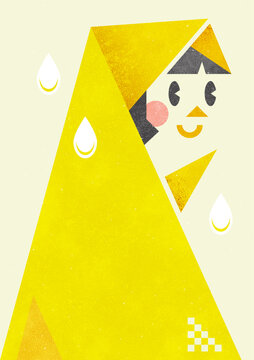 黄色いレインコートの女の子 レトロな水彩風ポストカード