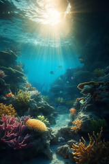 Colorful Coral Reef with Fish in Clear Blue Water, Underwater Photography