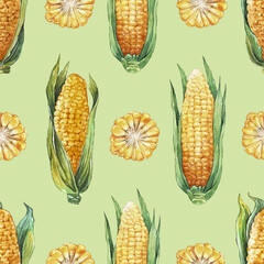 Seamless pattern with corn. Realistic botanic illustation of corn cobs and slice. Corncob with Leaf. Hand drawn watercolor vector painting.