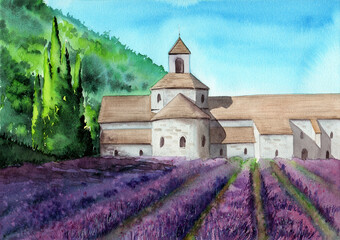 Watercolor picture of purple lavender field with an ancient castle and with some cypress trees and green hills on the background