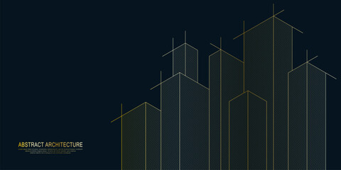 Architectural drawing with building construction of golden color. Creative vector illustration of modern architecture