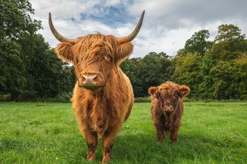 Cute brown cow and a calf on Scottish Highlands