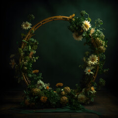 Golden Circle Wedding Arch with Green Flower Overlay - Stunning Studio Backdrop for your Special Day