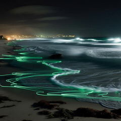 shoreline at night with neon waves