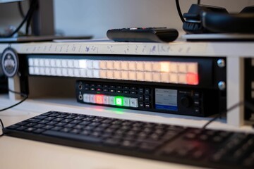 Selective focus shot of vision mixer with illuminated buttons