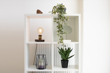 White wooden bookshelf with vintage-style desk lamp, vanity mirror, decorative metal holder with pillar candle and indoor plants with radiator on background. Designed room corner in home interior.