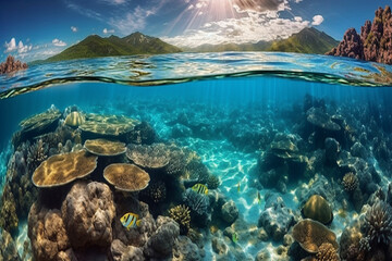 Fototapeta na wymiar Colorful Coral Reef with Fish in Clear Blue Water, Underwater Photography