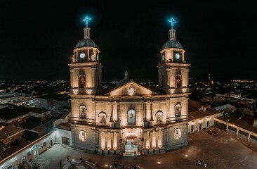 Fototapeta na wymiar Drone shot of the Juan Bautista church at night in Tuxpan, Jalisco, Mexico