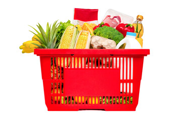 Red shopping basket full of food and groceries, vegetable