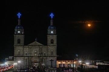 Beautiful  shot of fireworks in front of church during city's holidays of Tuxpan, Jalisco, Mexico