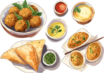 Falafel set menu with vegetables hand drawn illustration, traditional middle eastern food
