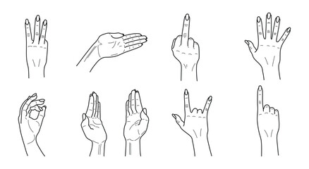 Set of icons women's hands in a trendy minimal linear style. Vector illustration.
