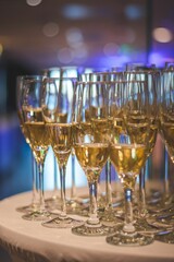 Vertical closeup of champagne glasses on a small table