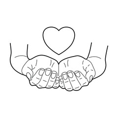 Two hands and a heart over them. Sketch style. Vector illustration.