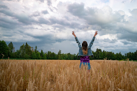 Rear view of a young woman standing in golden summer wheat field enjoying life