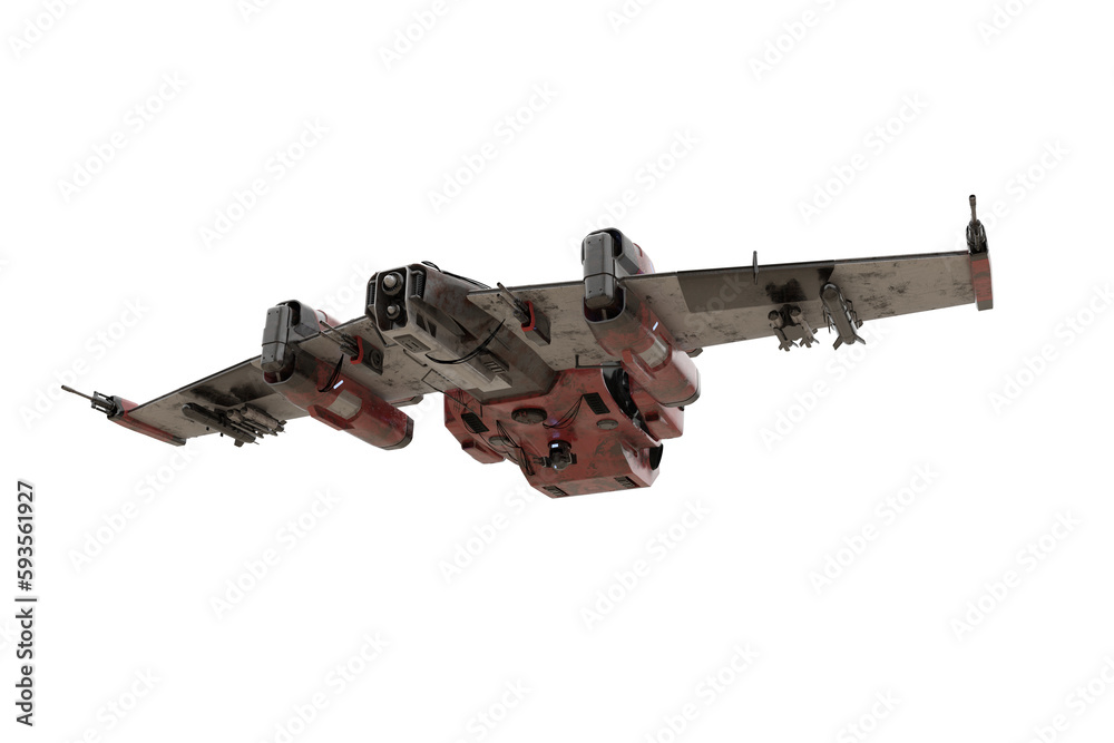 Poster futuristic science fiction fantasy fighter space craft flying overhead. isolated 3d rendering.