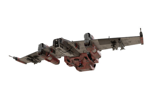 Futuristic science fiction fantasy fighter space craft flying overhead. Isolated 3D rendering.