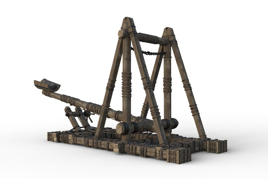 Large wooden medieval catapult weapon loaded with rocks. Isolated 3D illustration.