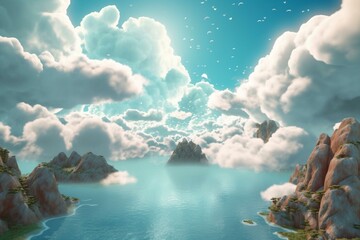 Fantastic and exotic surroundings a swirling sea of white clouds. Digital CG Artwork for Video Games, Concept, and Realistic Cartoon Style Background. Generative AI