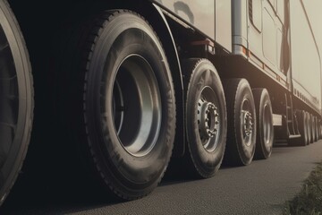 Semi Trailer Truck on Parking. Truck Wheels Tires. Rubber, Truck Tyres. Freight Trucks Transport Logistics. Generative AI