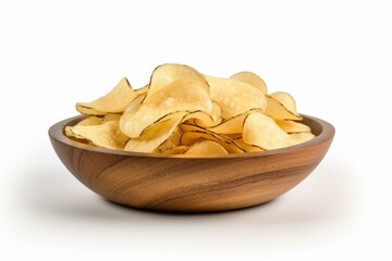 Potato chips in a wooden plate on a white background. Isolated. Generative AI