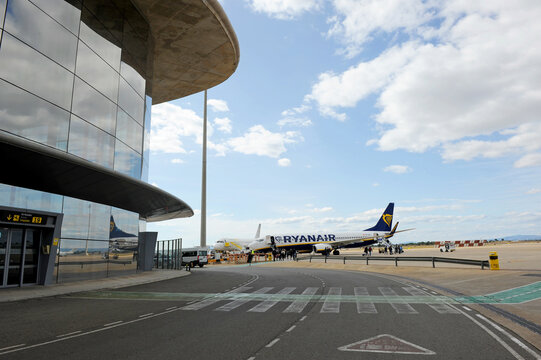Ryanair plane on the runways of Valencia Airport. Terminal of the international airport of Valencia - Manises, Spain