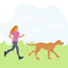 A girl runs in the park with her dog. Vector illustration