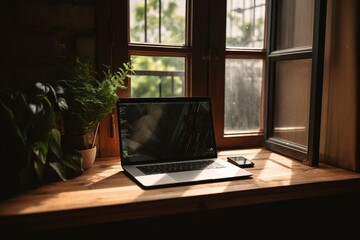 a laptop computer sitting on top of a wooden table next to a window with a plant on it's screen and a window behind it is a window with a wooden frame and a wooden. Generative AI