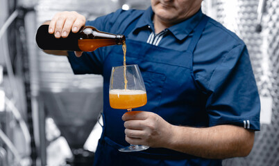 Quality control beer mead, worker tests and evaluates taste of drink at brewery