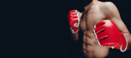 Portrait MMA fighter with red boxing gloves trains in gym, dark background banner