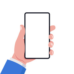 Hand of a businessman in a blue suit is holding a smartphone. Vector illustration.