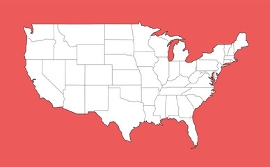 United States of America map in white style isolated on red background. Vector illustration.