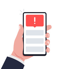 Hand holding smartphone with new message on screen. Chatting, sms concept and communication. Vector.