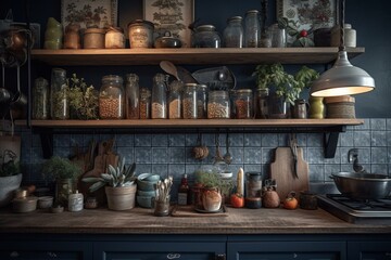 Fototapeta na wymiar Regal mit Küchenutensilien - Shelf with kitchen props. Generative AI