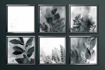 Set Gray Square Frame With Painting Of Lush Leaves. Generative AI