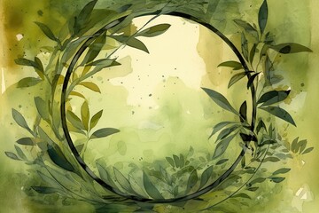 Olive Green Circle Framed By Leaves With Floral Background. Generative AI