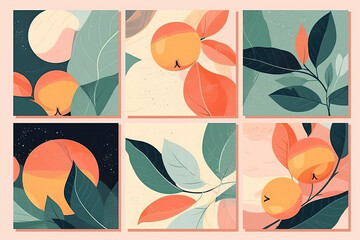 Set Peach Square Frame With Painting Of Lush Leaves. Generative AI