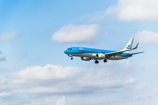 Boeing 737 aircraft of the KLM company, landing at the Josep Tarradellas Airport