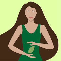 A girl with her eyes closed peacefully holds a sheet in her hands. The concept of nature protection and environmental friendliness. Vector illustration