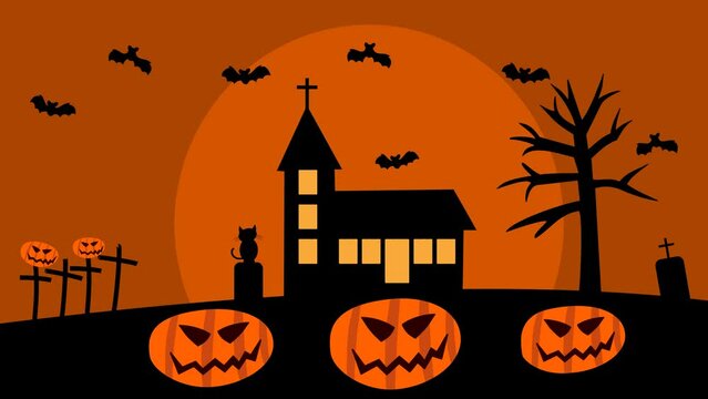 A Halloween decor with pumpkins bat cat and cemetery with orange moon and green background - animation