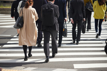 都市の交差点の横断歩道を渡るビジネスマンと人々の姿