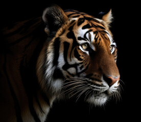 Fototapeta premium An image of a head of a tiger on a black background in the style of time-lapse photography. Generative AI
