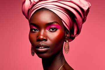 Beautiful young woman wearing traditional African head wrap onpink background, Ai generative	
