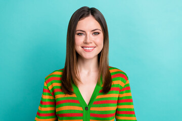 Photo of cheerful adorable woman dressed striped cardigan smiling white teeth isolated teal color background