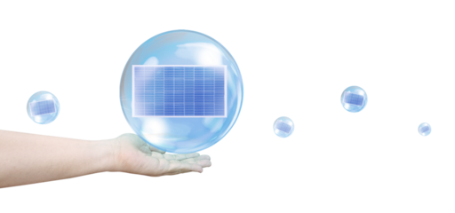 Solar panels in bubbles floating in hand floating in the air concept of solar energy Clean energy. PNG transparent