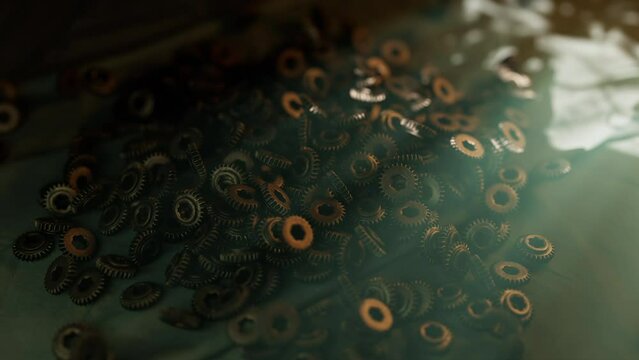 Video close-up  footage that contains rust  screw-nut, pile of screws or gears, that falling on the floor. Close-up video of rusty vintage screw-nut, a handful of gears falling on a cloth covered surf